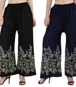 Women Black, Navy Flower Print Rayon Palazzo Pants (Free Size)