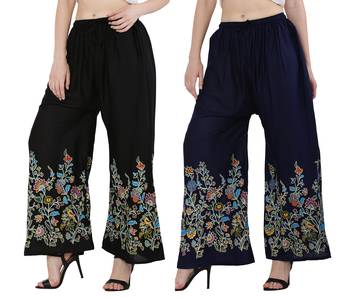 Women Black, Navy Flower Print Rayon Palazzo Pants (Free Size) 2