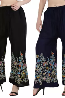 Women Black, Navy Flower Print Rayon Palazzo Pants (Free Size)