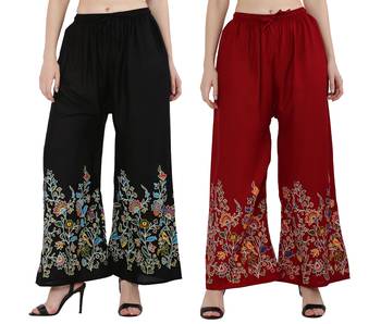Women Black, Maroon Flower Print Rayon Palazzo Pants (Free Size) 1
