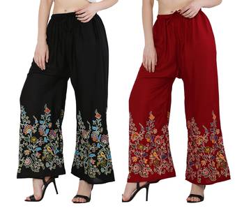Women Black, Maroon Flower Print Rayon Palazzo Pants (Free Size) 2