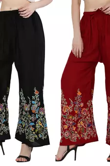 Women Black, Maroon Flower Print Rayon Palazzo Pants (Free Size)
