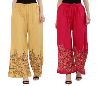 Women Peach, Pink Flower Print Rayon Palazzo Pants (Free Size) 1