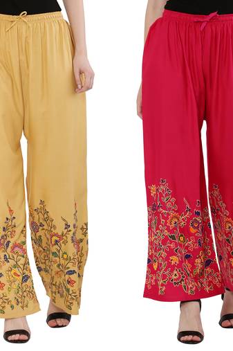 Women Peach, Pink Flower Print Rayon Palazzo Pants (Free Size)