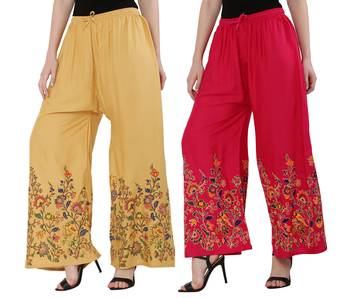 Women Peach, Pink Flower Print Rayon Palazzo Pants (Free Size) 2