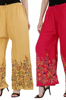 Women Peach, Pink Flower Print Rayon Palazzo Pants (Free Size)