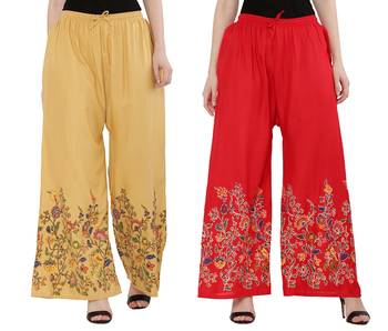 Women Peach, Red Flower Print Rayon Palazzo Pants (Free Size) 1