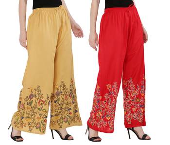 Women Peach, Red Flower Print Rayon Palazzo Pants (Free Size) 2