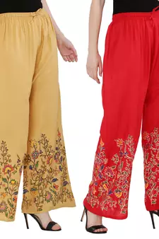 Women Peach, Red Flower Print Rayon Palazzo Pants (Free Size)