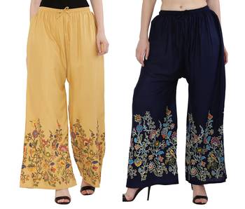 Women Peach, Navy Flower Print Rayon Palazzo Pants (Free Size) 1