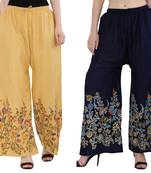 Women Peach, Navy Flower Print Rayon Palazzo Pants (Free Size)