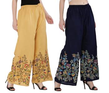 Women Peach, Navy Flower Print Rayon Palazzo Pants (Free Size) 2