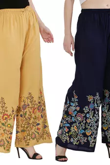 Women Peach, Navy Flower Print Rayon Palazzo Pants (Free Size)