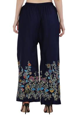 Women Peach, Navy Flower Print Rayon Palazzo Pants (Free Size) 4
