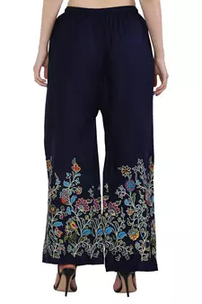 Women Peach, Navy Flower Print Rayon Palazzo Pants (Free Size)