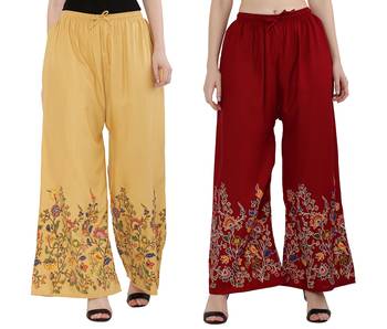 Women Peach, Maroon Flower Print Rayon Palazzo Pants (Free Size) 1