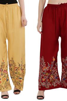 Women Peach, Maroon Flower Print Rayon Palazzo Pants (Free Size)