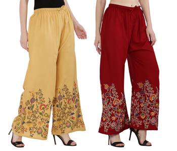 Women Peach, Maroon Flower Print Rayon Palazzo Pants (Free Size) 2