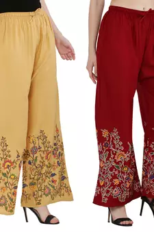 Women Peach, Maroon Flower Print Rayon Palazzo Pants (Free Size)