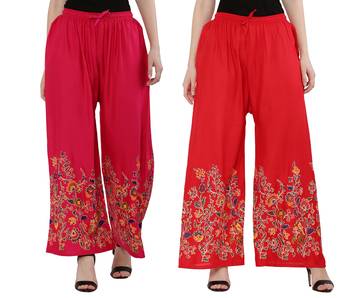 Women Pink, Red Flower Print Rayon Palazzo Pants (Free Size) 1