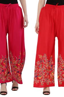Women Pink, Red Flower Print Rayon Palazzo Pants (Free Size)