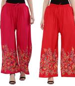 Women Pink, Red Flower Print Rayon Palazzo Pants (Free Size)