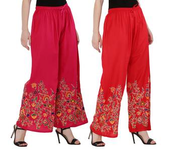 Women Pink, Red Flower Print Rayon Palazzo Pants (Free Size) 2