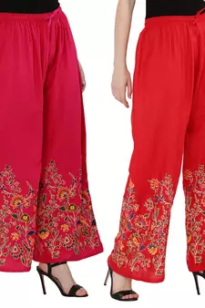 Women Pink, Red Flower Print Rayon Palazzo Pants (Free Size)