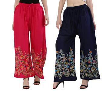 Women Pink, Navy Flower Print Rayon Palazzo Pants (Free Size) 1