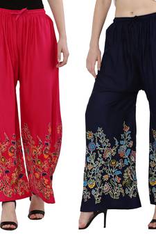 Women Pink, Navy Flower Print Rayon Palazzo Pants (Free Size)