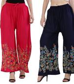 Women Pink, Navy Flower Print Rayon Palazzo Pants (Free Size)