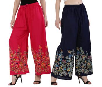 Women Pink, Navy Flower Print Rayon Palazzo Pants (Free Size) 2