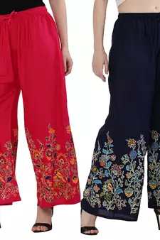 Women Pink, Navy Flower Print Rayon Palazzo Pants (Free Size)