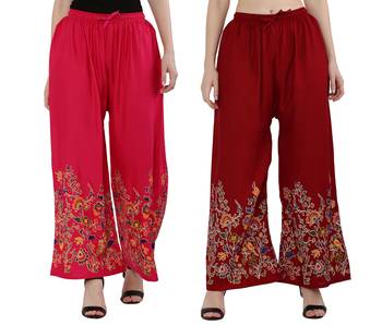 Women Pink, Maroon Flower Print Rayon Palazzo Pants (Free Size) 1