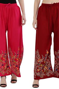 Women Pink, Maroon Flower Print Rayon Palazzo Pants (Free Size)