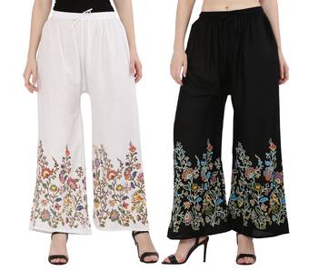 Women Black, White Flower Print Rayon Palazzo Pants (Free Size) 1