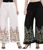 Women Black, White Flower Print Rayon Palazzo Pants (Free Size)