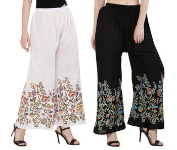 Women Black, White Flower Print Rayon Palazzo Pants (Free Size) 2
