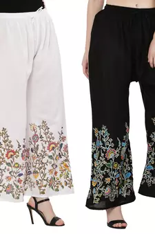 Women Black, White Flower Print Rayon Palazzo Pants (Free Size)