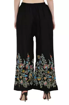 Women Black, White Flower Print Rayon Palazzo Pants (Free Size)