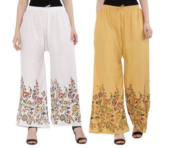 Women White, Peach Flower Print Rayon Palazzo Pants (Free Size) 1