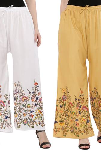 Women White, Peach Flower Print Rayon Palazzo Pants (Free Size)