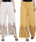 Women White, Peach Flower Print Rayon Palazzo Pants (Free Size)