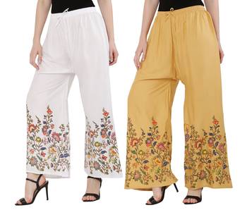 Women White, Peach Flower Print Rayon Palazzo Pants (Free Size) 2