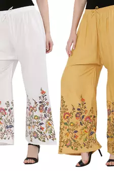 Women White, Peach Flower Print Rayon Palazzo Pants (Free Size)