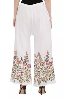 Women White, Peach Flower Print Rayon Palazzo Pants (Free Size)