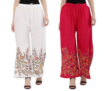 Women White, Pink Flower Print Rayon Palazzo Pants (Free Size) 1