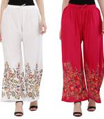 Women White, Pink Flower Print Rayon Palazzo Pants (Free Size)