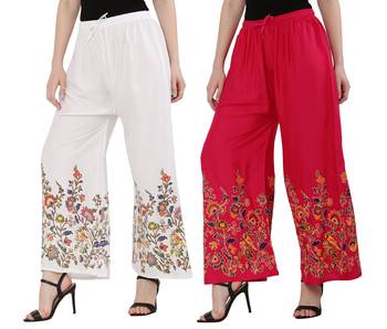 Women White, Pink Flower Print Rayon Palazzo Pants (Free Size) 2