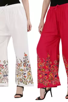 Women White, Pink Flower Print Rayon Palazzo Pants (Free Size)